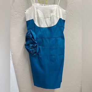 Blue and White Strapless Dress with Floral Detail